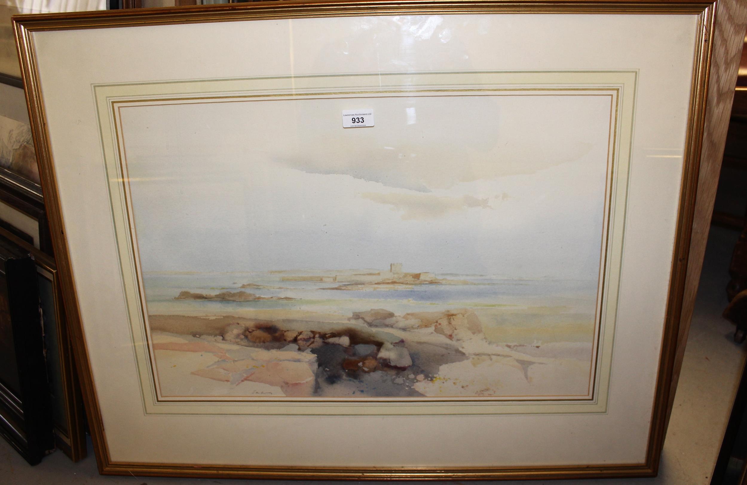 Frederick Sands, watercolour ' St. Aubin's Bay ', 40cms x 66cms approximately, signed, gilt framed - Image 2 of 5