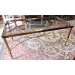 Rectangular 20th Century brass and glass inset coffee table on reeded supports with crossover