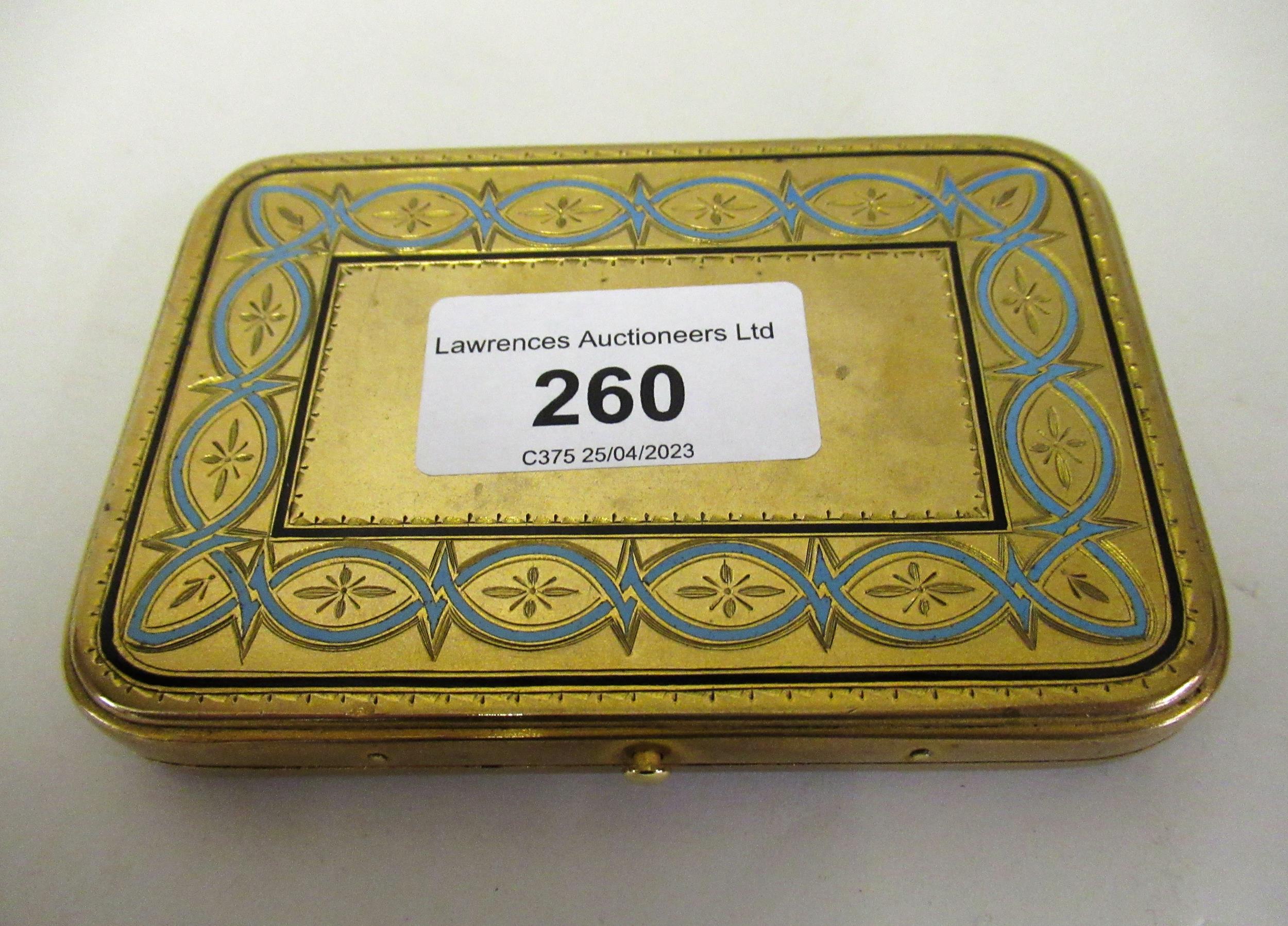 Late 19th / early 20th Century gilt brass blue and black enamel decorated calling card case with