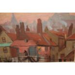 Modern British school oil, view across the rooftops of a town at dusk, signed D. Hill verso