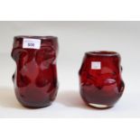 Two Whitefriars ruby glass knobbly vases, 17cms and 13cms high