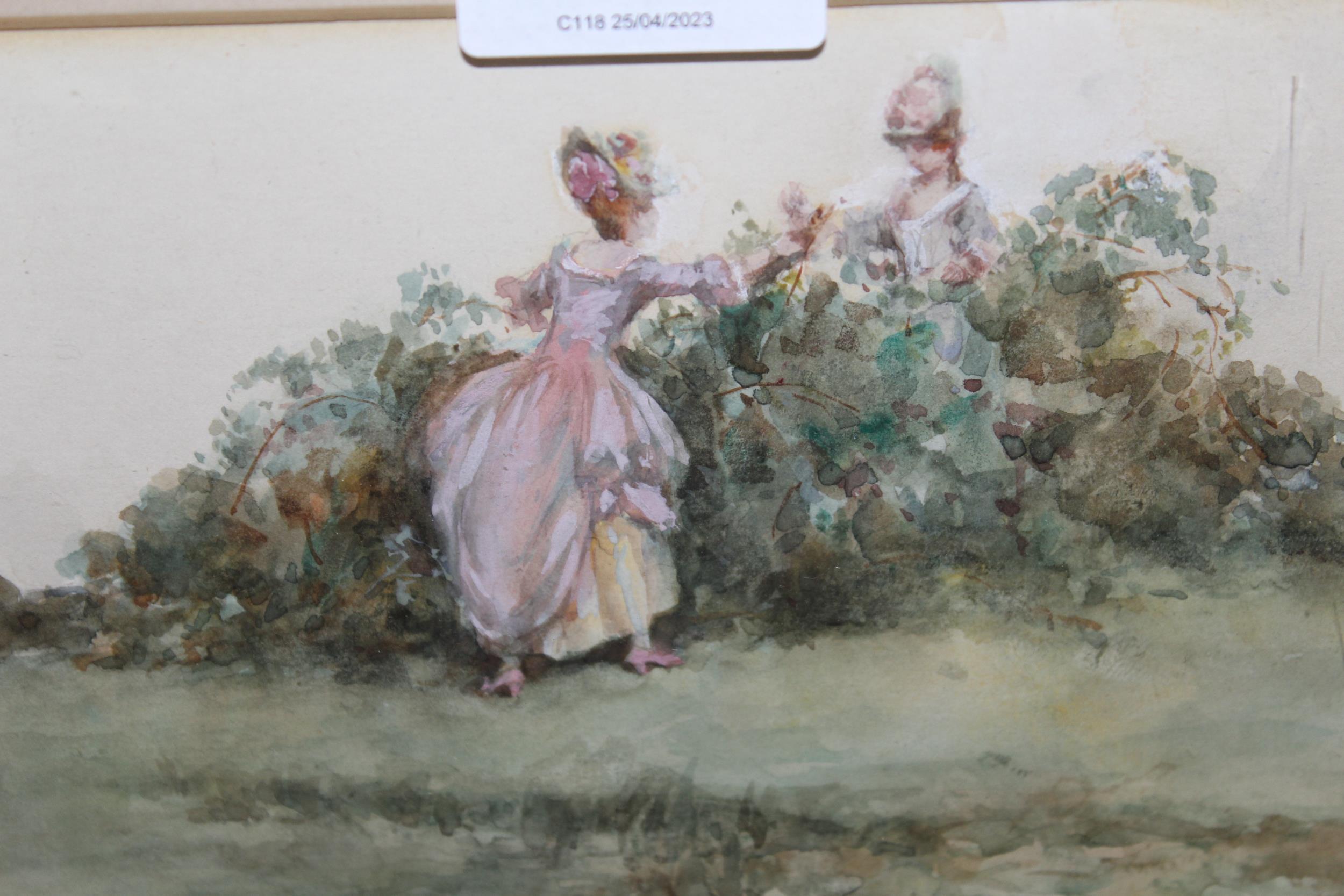 A. Brantington-Simpson, monogrammed watercolour and gouache, two ladies picking berries in a