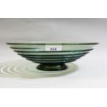 Whitefriars glass pedestal fruit bowl with blue trailing glass decoration, 30cms diameter x 9cms