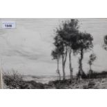 Herbert Dicksee, signed etching, rural landscape, 26cms x 35cms together with four other various