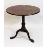 19th Century Continental mahogany pedestal table, the circular flame figured top above an