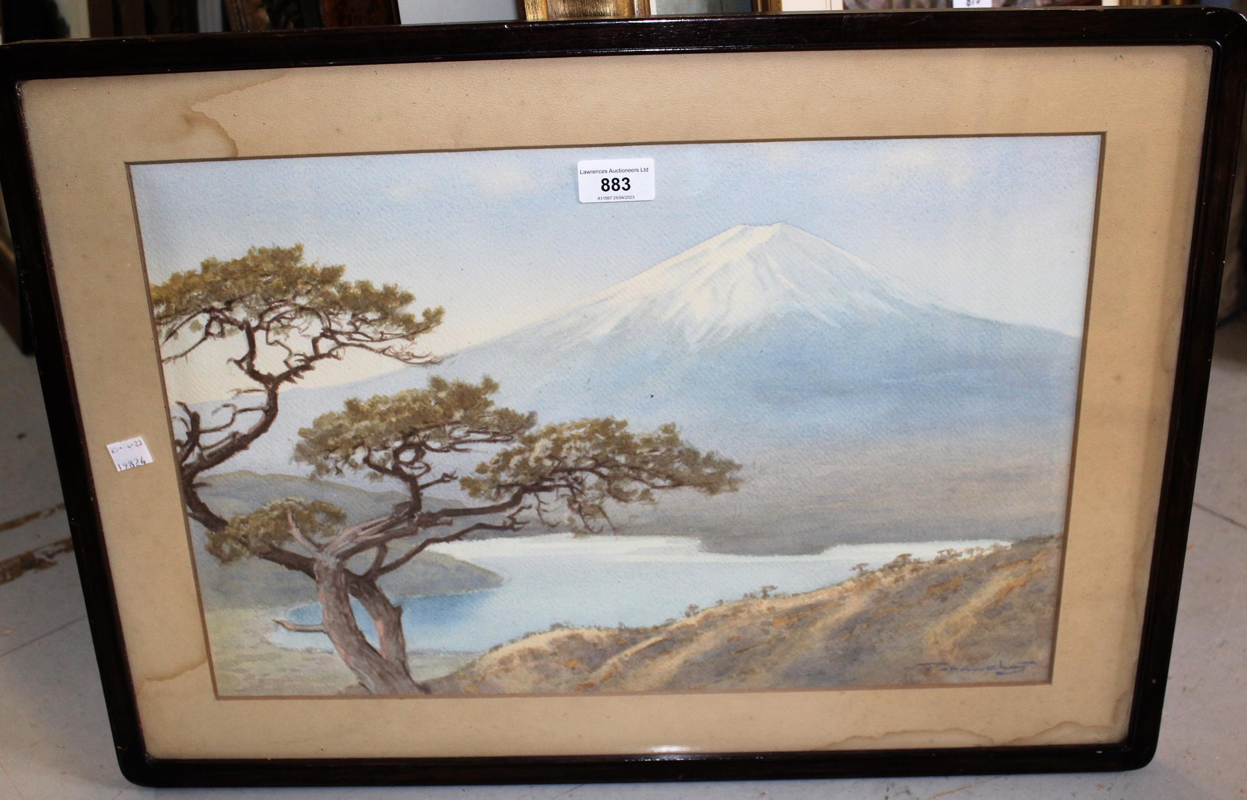 Tananchi, Japanese school watercolour, study of lake scene with Mount Fuji to the background, - Image 2 of 2