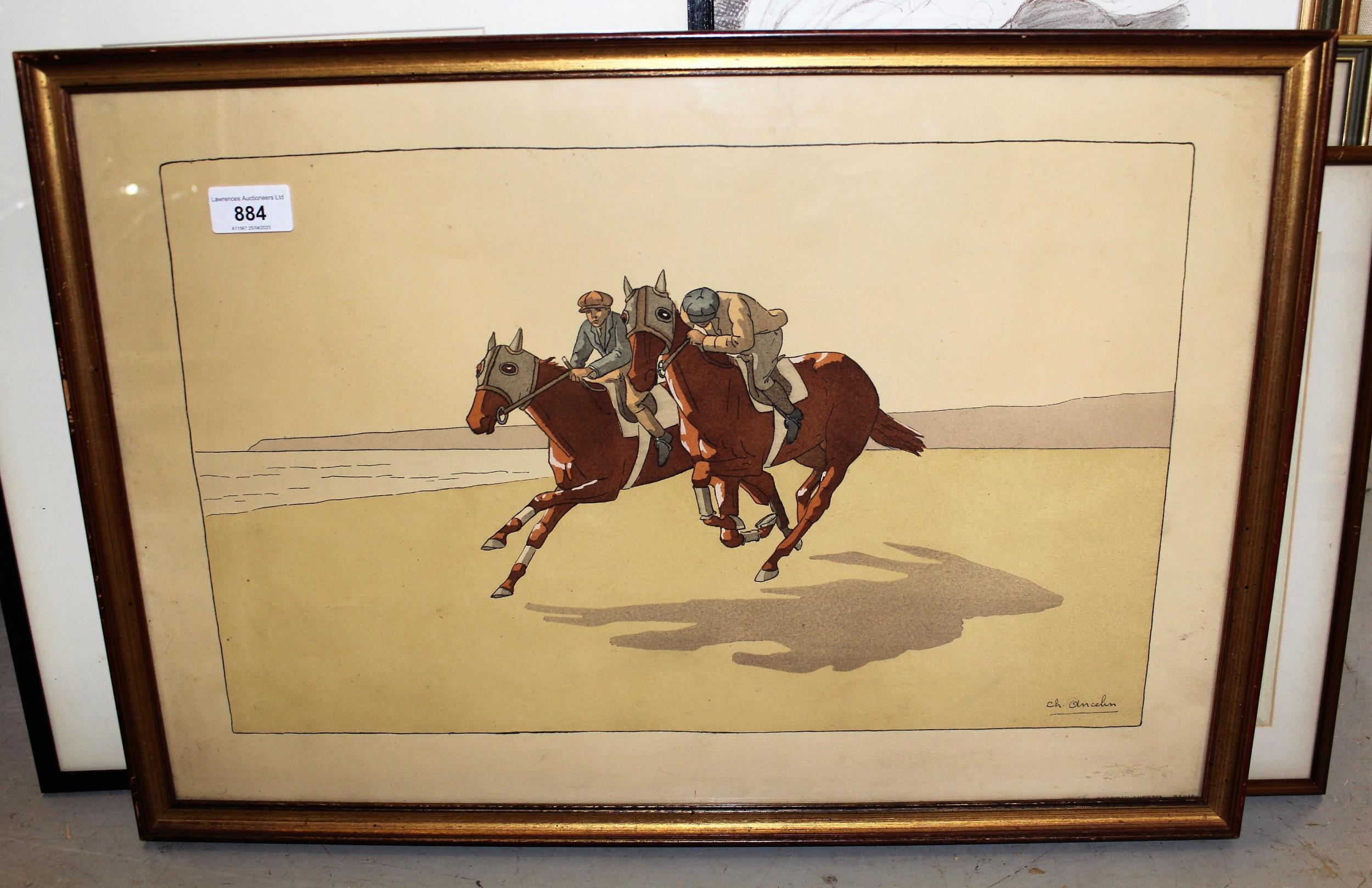 Charles Ancelin, lithograph, racehorses exercising on the beach, 37cms x 54cms, gilt framed - Image 2 of 2