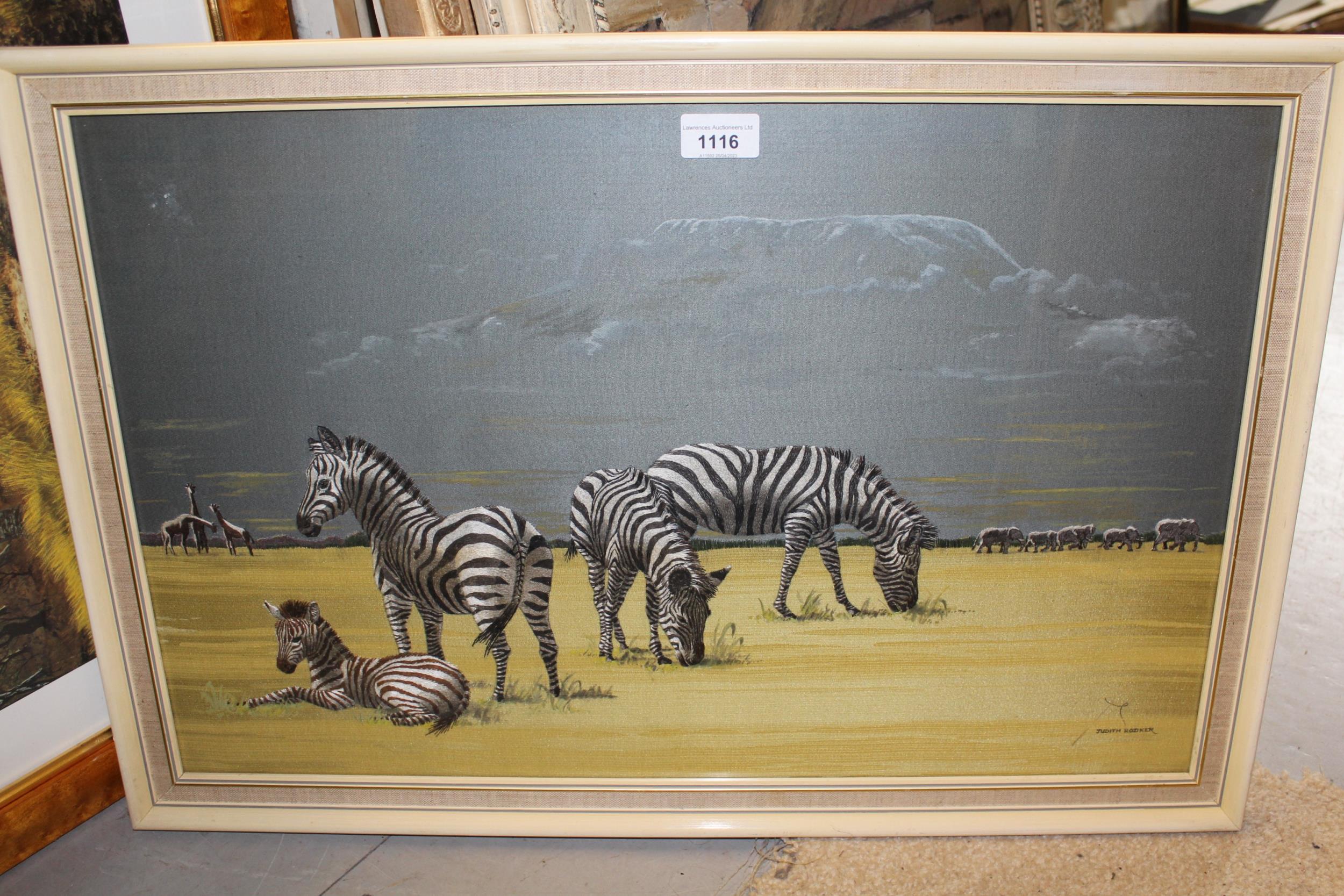 Judith Rodker, silkwork picture, zebra in a landscape, 38cms x 60cms, framed, together with - Image 2 of 4