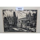 E A Bischof, pair of black and white woodcut prints, views of Prague, signed in pencil by the