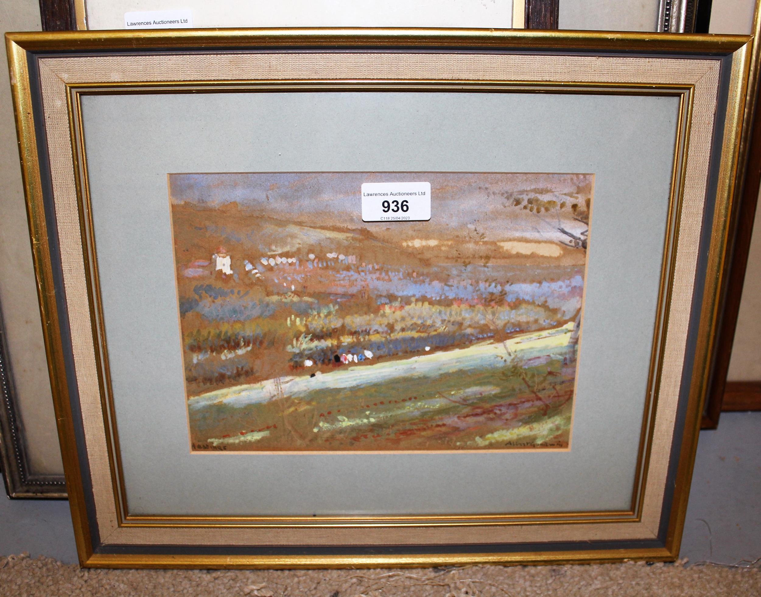 Albert Goodwin, signed watercolour and bodycolour, figures in a landscape, inscribed ' Hastings ', - Image 2 of 2