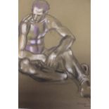 Frank Dobson, signed charcoal and coloured chalks, male figure study, unframed, 58cms x 48cms