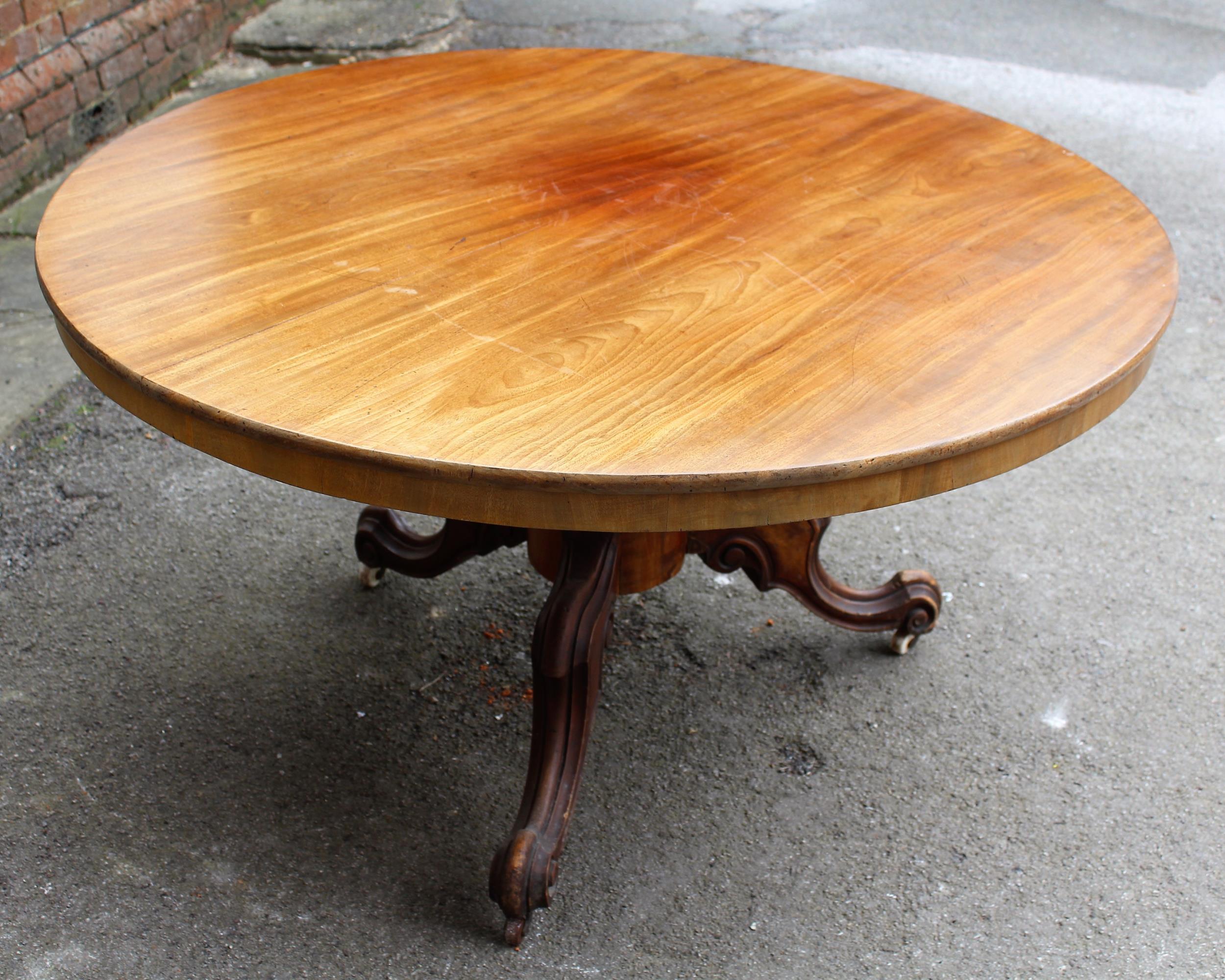 19th Century circular mahogany centre table on turned fluted column and tripod support, 127cms