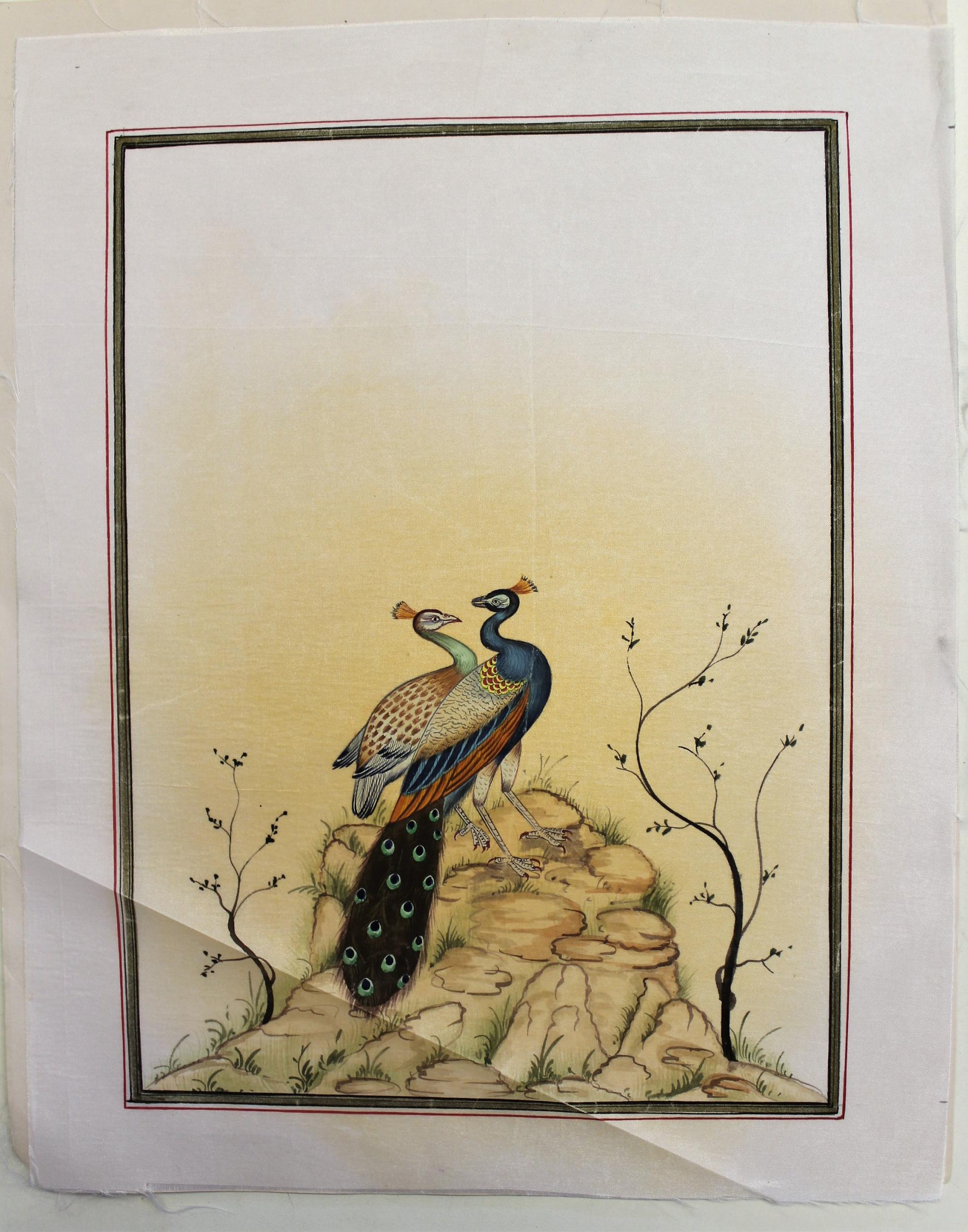 Unframed watercolour on silk, peacocks in a landscape, 22cms x 29cms - Image 2 of 2