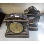 Iron cased 19th Century mantel clock (at fault), black slate mantel clock case, three electric