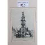 Small framed etching, view of St. Clement Danes Church, Strand, 12cms x 8cms, framed