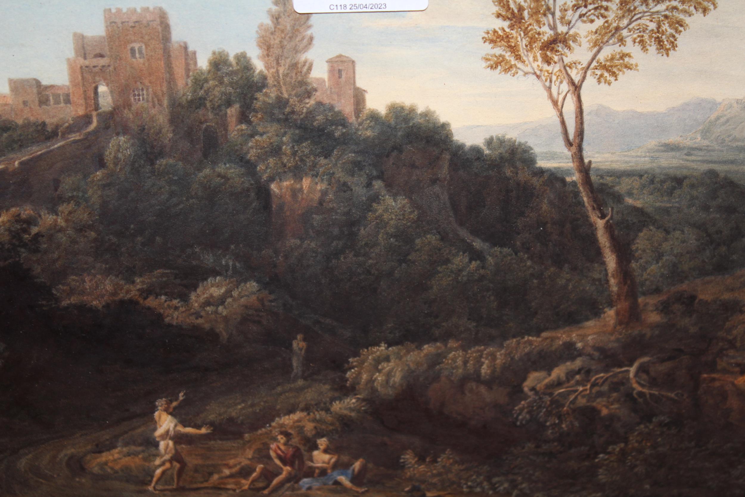 18th / 19th Century watercolour, classical landscape with hilltop castle and figures to