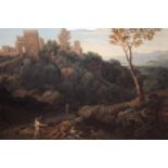 18th / 19th Century watercolour, classical landscape with hilltop castle and figures to