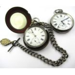 Two silver cased open faced pocket watches, a fob chain and a gilt metal mourning locket