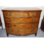 George III mahogany chequer banded and line inlaid bow front chest of three short and three long