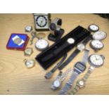 Two silver cased fob watches (at fault) together with a quantity of other wristwatches and a boxed