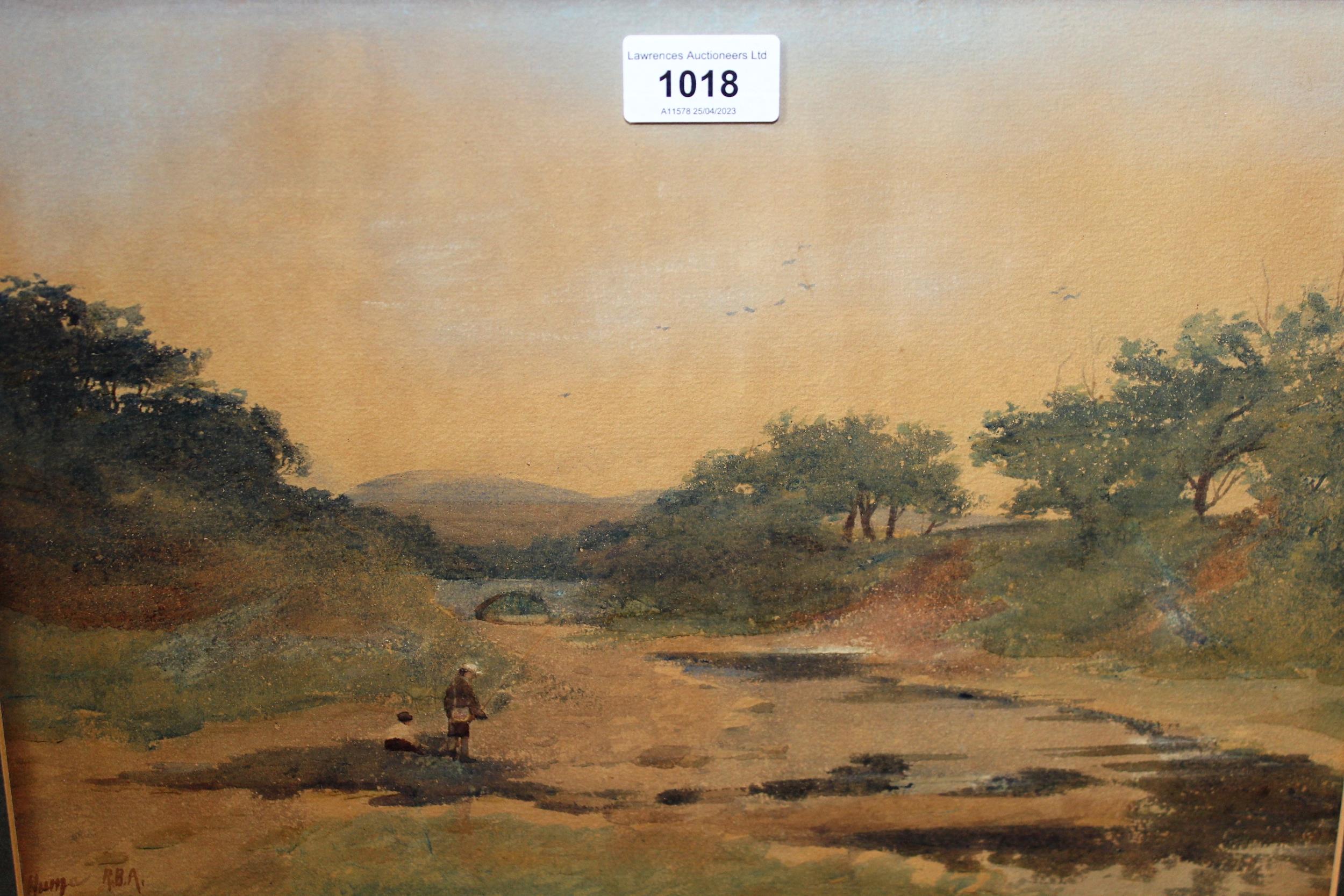 Watercolour, figures in a landscape fishing, signed Hume R.B.A., framed, 26cm x 37cm together with a