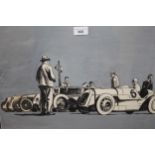 Thomas Rutter, watercolour and charcoal study of 1920's racing cars, labelled verso, 36cms x