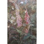 Edith Isabel Barrow, large watercolour, rocky garden scene with foxgloves, dogrose and ferns,