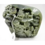 Large 20th Century mottled green jade carving of figures in a landscape, 15cm x 16cm approximately