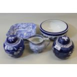 Two prunus blossom ginger jars and covers (one cover at fault), a Spode Italian pattern dish and two