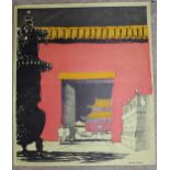 Sir Hugh Casson, unframed coloured print, figures in a doorway before a temple, 30cm x 26cm,