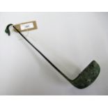 Antique Greco Roman green patinated bronze ladle with swan's head handle, 26cms long