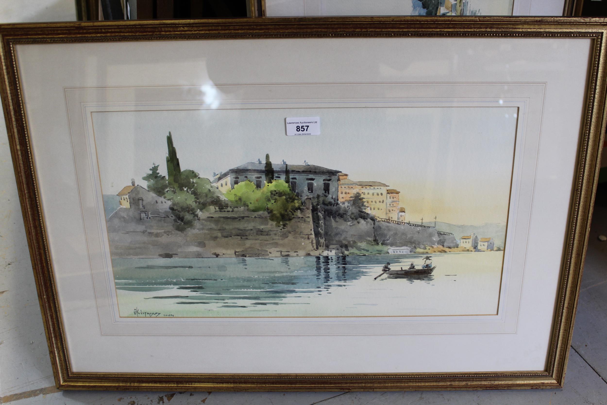 A. Kentarhos (Greek), watercolour, ' Royal Palace, Corfu ', signed, 27cms x 49cms, gilt framed - Image 2 of 2