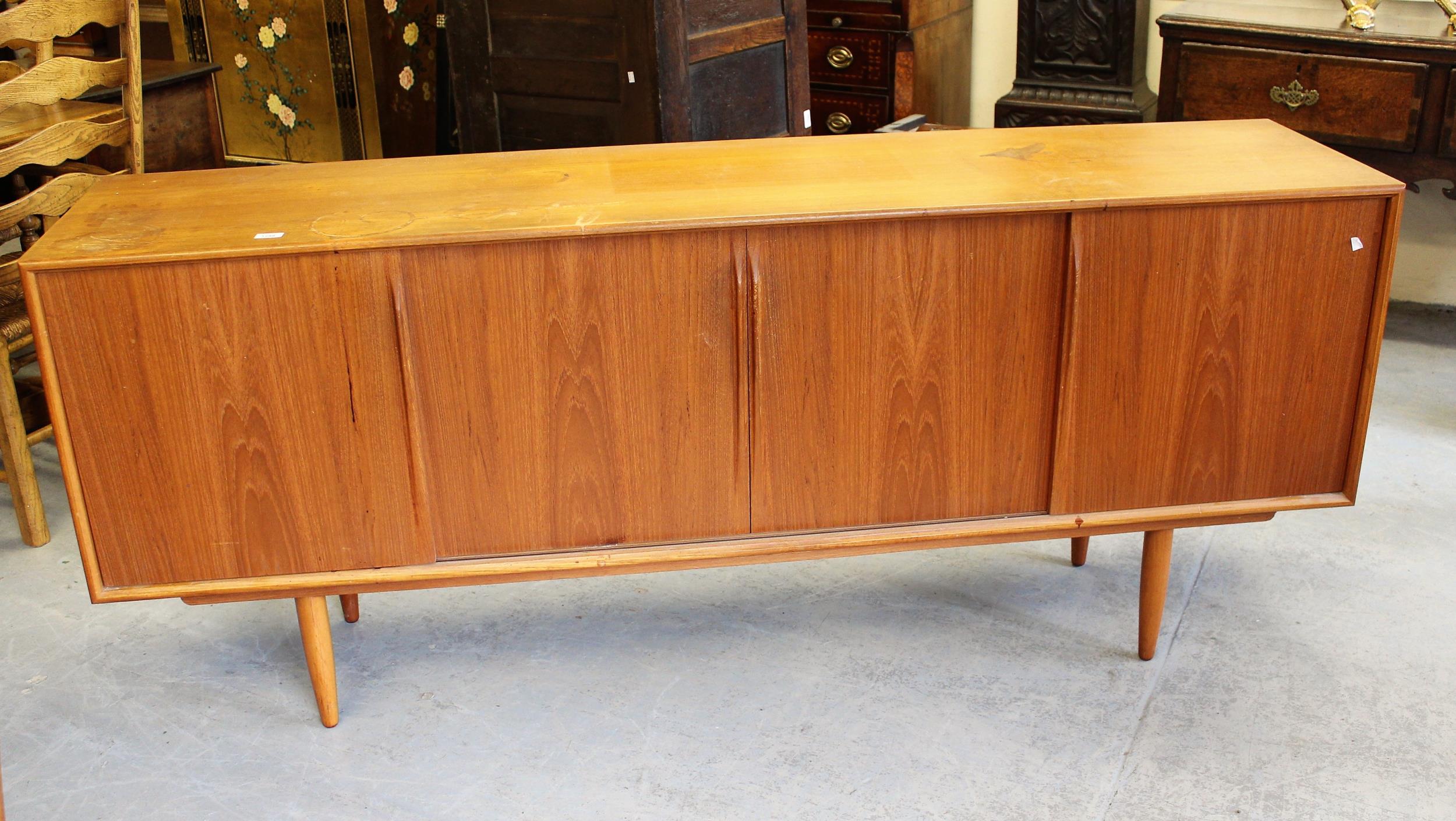 Mid 20th Century Danish teak sideboard by Mobler, 200cms wide together with a set of six teak dining