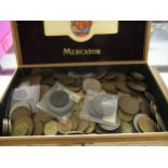 Box containing a collection of various pre-decimal British coinage including a cartwheel penny etc