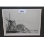 Two framed etchings, after Rembrandt, windmill in a landscape and timber framed shack in a