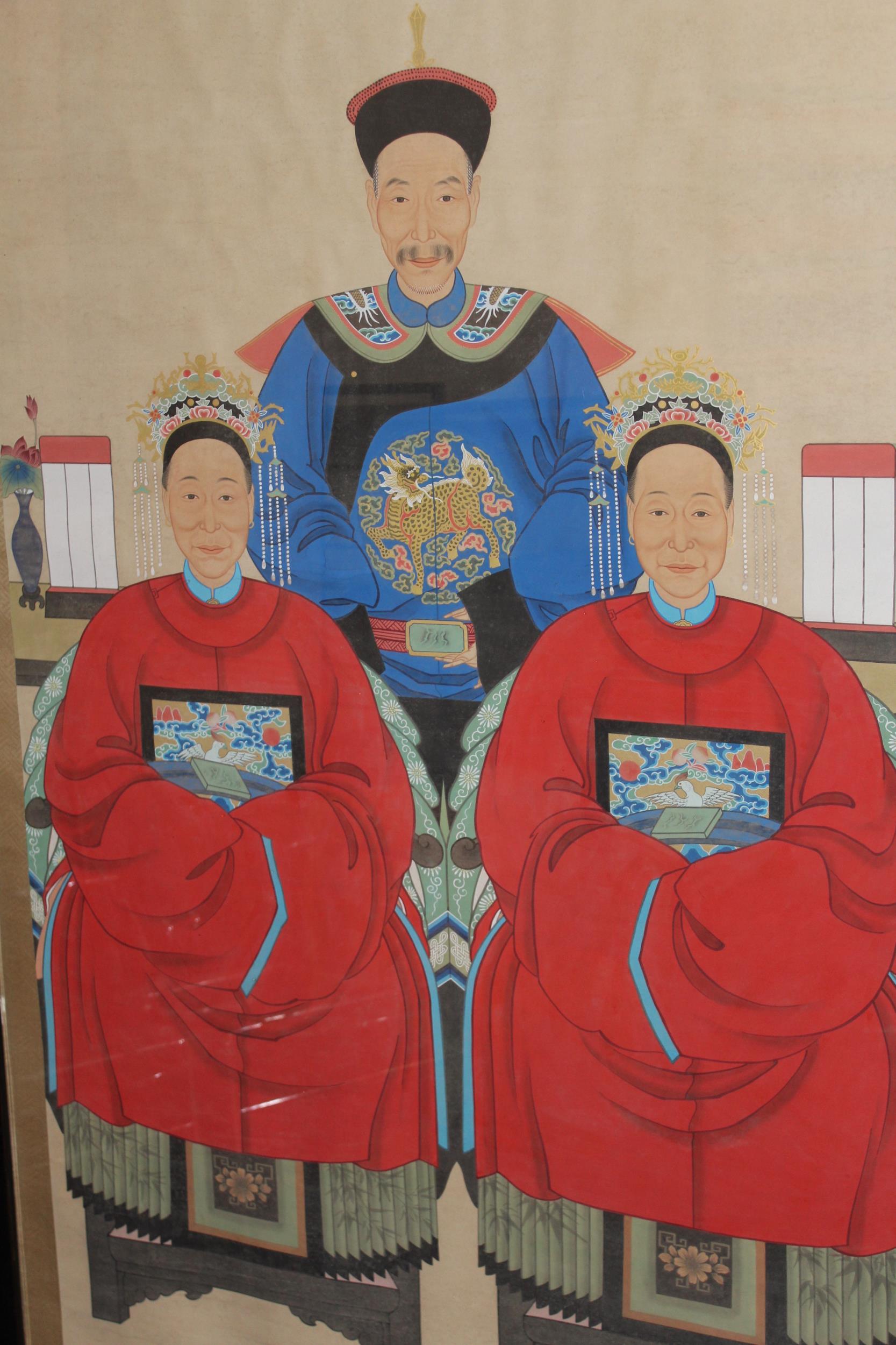 Large 20th Century Chinese ancestor picture in watercolour on paper applied to silk, 136cms x