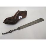 Antique wooden shoe last and antique metal shoe horn