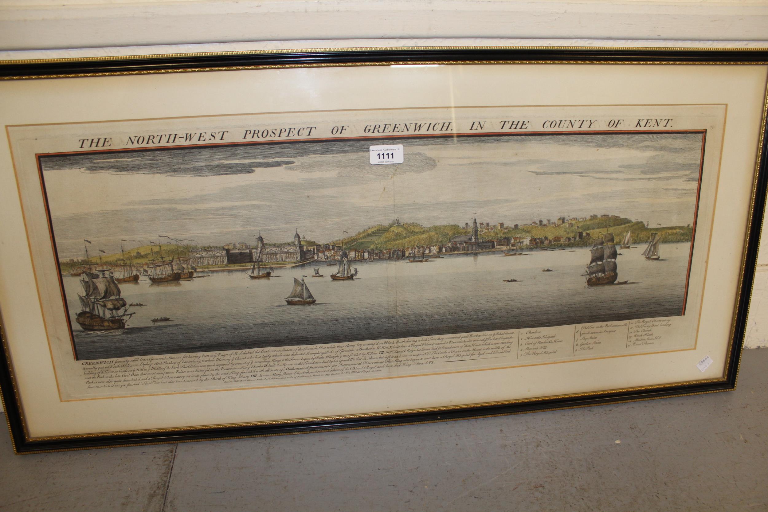 Antique hand coloured engraving, ' The North West Prospect of Greenwich, in the County of Kent ', - Image 2 of 3