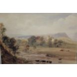 Circle of Peter De Wint, unframed 19th Century watercolour landscape with cattle and distant church,