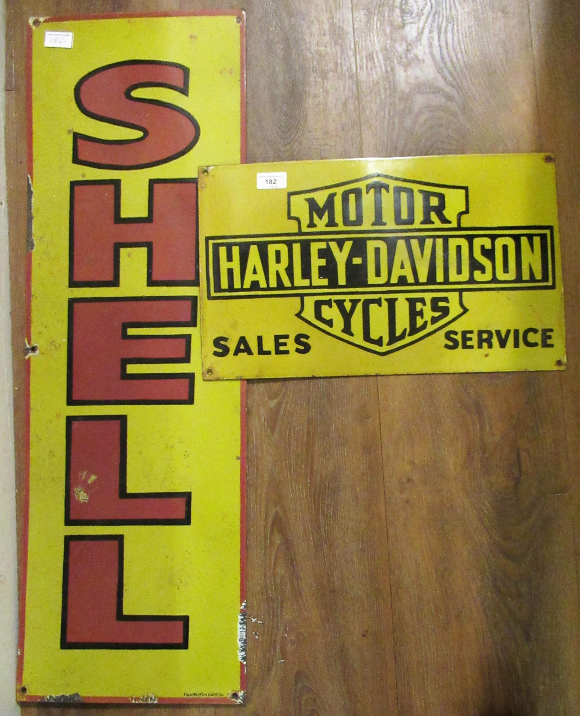 Enamel advertising sign for ' Harley-Davidson Motorcycles ', 28cms x 45cms together with another,'