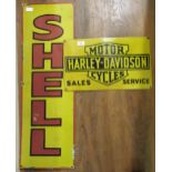 Enamel advertising sign for ' Harley-Davidson Motorcycles ', 28cms x 45cms together with another,'
