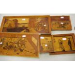 Group of five various unusual marquetry inlaid wooden wall plaques, depicting various figures