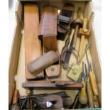 Box containing a small collection of miscellaneous woodworking tools