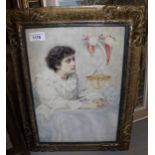G. Brown, signed watercolour, portrait of a young lady at a table, dated 95 (1895), 35cms x 25cms Is