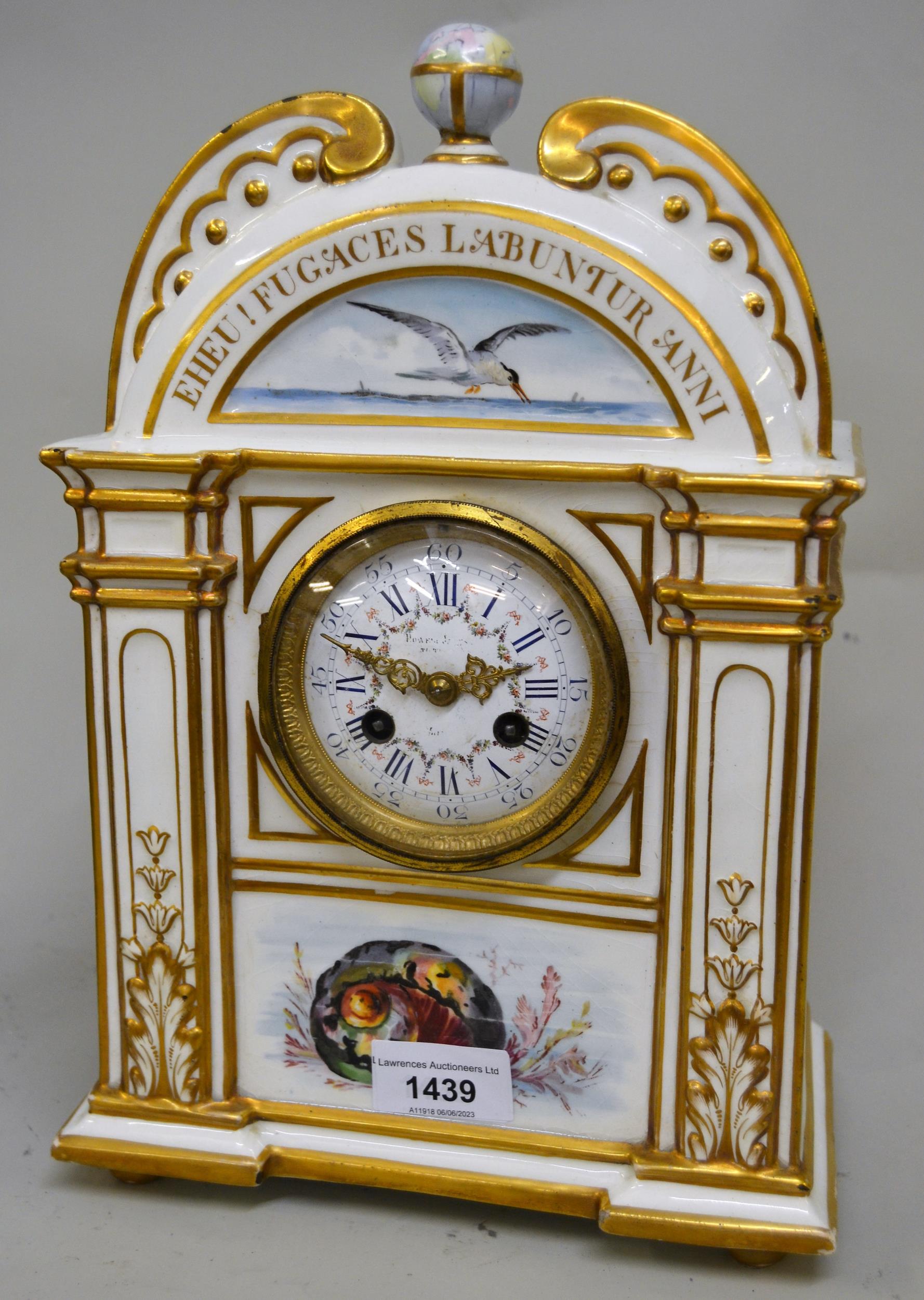 Late 19th Century French porcelain mantel clock with an enamel dial with Roman numerals, the case