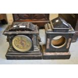 Iron cased 19th Century mantel clock (at fault), black slate mantel clock case, three electric
