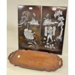 Pair of Far Eastern rectangular lacquered plaques with mother of pearl inlay with figures, 59cms x