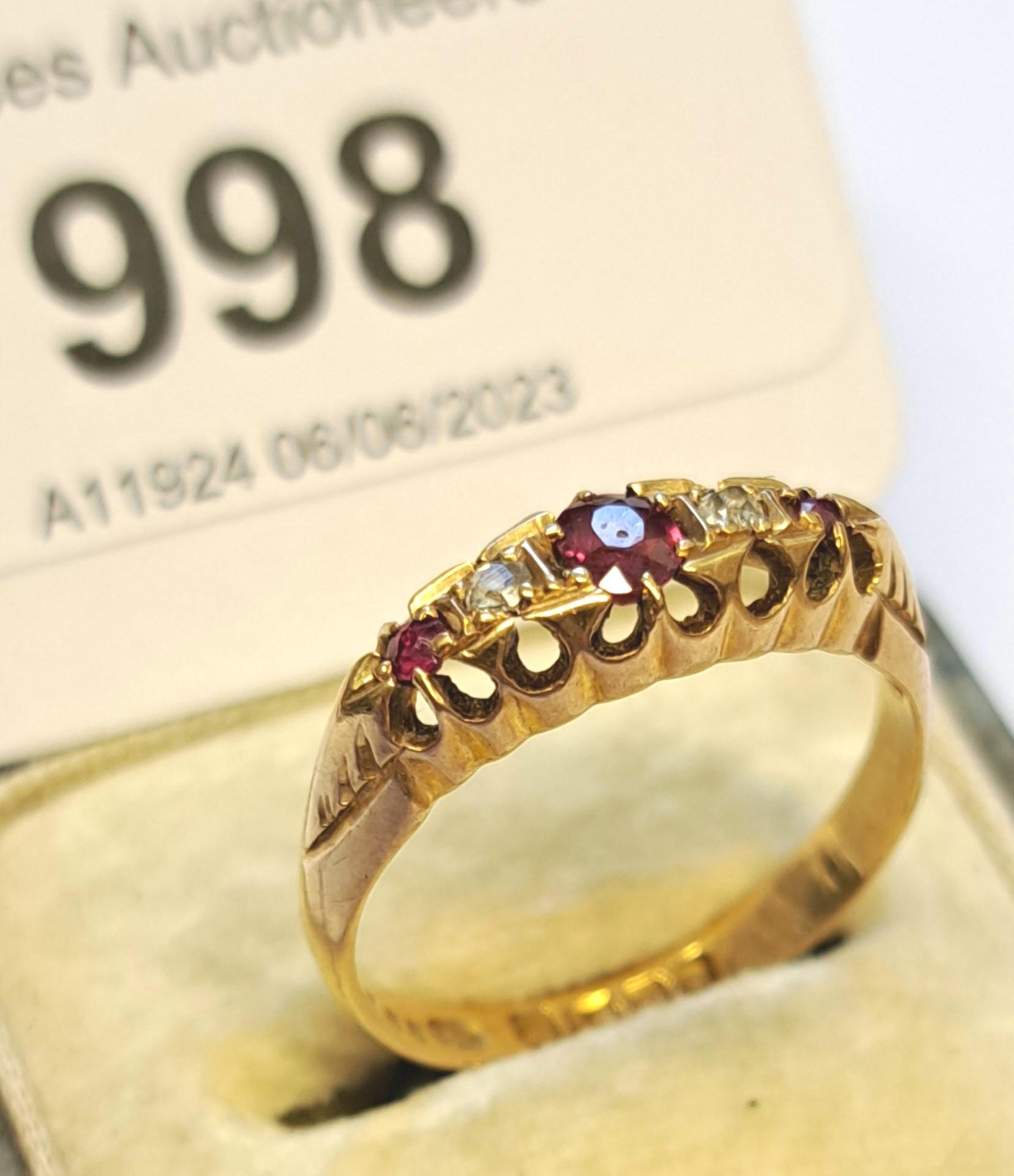 18ct Gold ruby and diamond five stone ring, size N, 3g