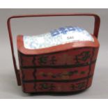 Chinese blue and white porcelain mounted and papier mache rice container (at fault)