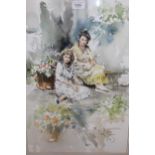 Gordon King, watercolour, study of two seated girl flower sellers, signed, 53cms x 37cms, gilt